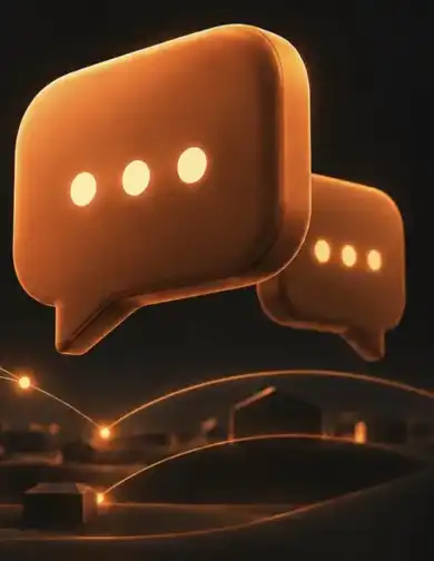 Balões de conversa em laranja conectando lugares e pessoas
